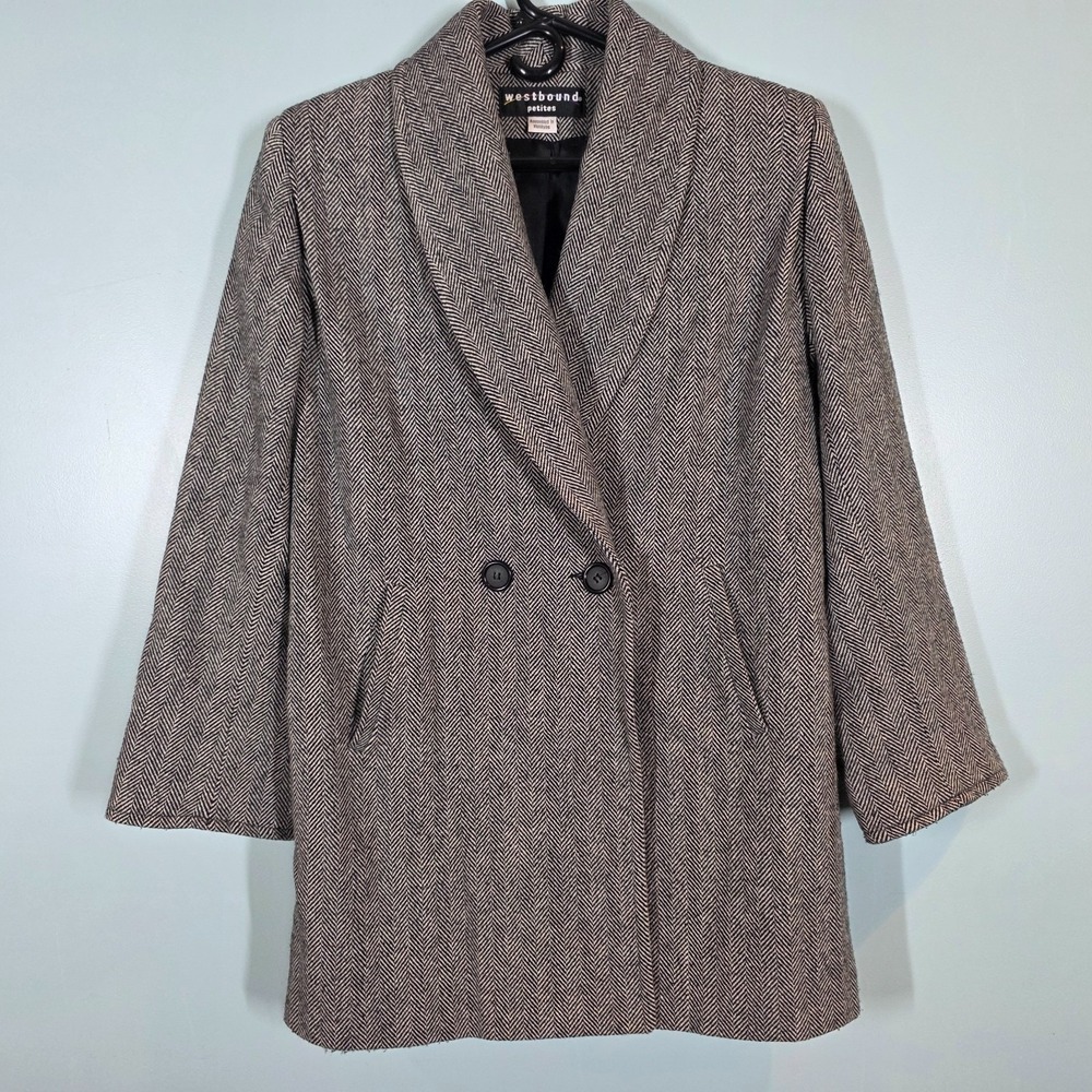 Westbound Wool Blend Pea Coat Women's Size 10P Black & White Herringbone – Lined